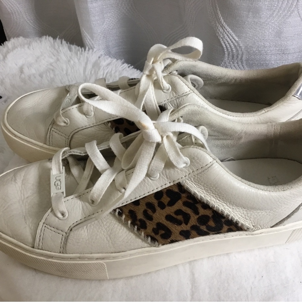 UGG Women's White Leather Sneakers with Leopard Accent